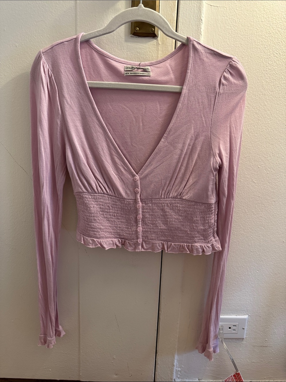 Urban Outfitters Pale Pink Smocked Cropped Button Top